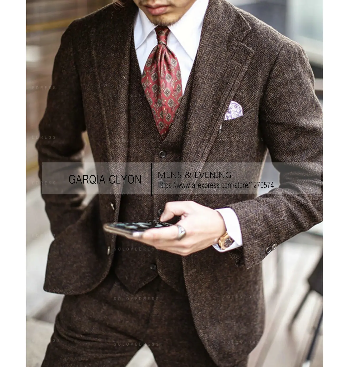 2024 Men's Wool Suit Formal 3 Pieces Slim Fit Shawl Lapel Tweed Prom Tuxedos For Wedding Groomsmen (Blazer+Vest+Pants) 5