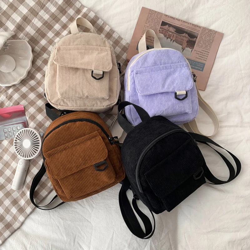 

Women's Mini Backpack Fashion Solid Color Corduroy Simple Casual Traveling Large Capacity Durable Students Schoolbag Female Bag