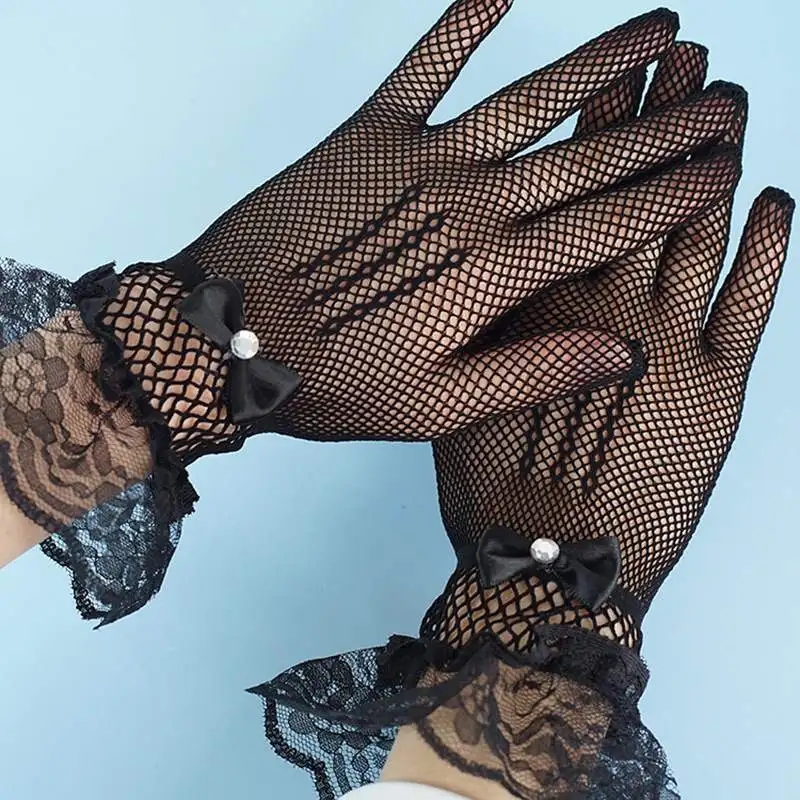 Women Black White Summer Uv-proof Driving Gloves Mesh Fishnet Gloves Lace Mittens Full Finger Girls Lace Fashion Gloves