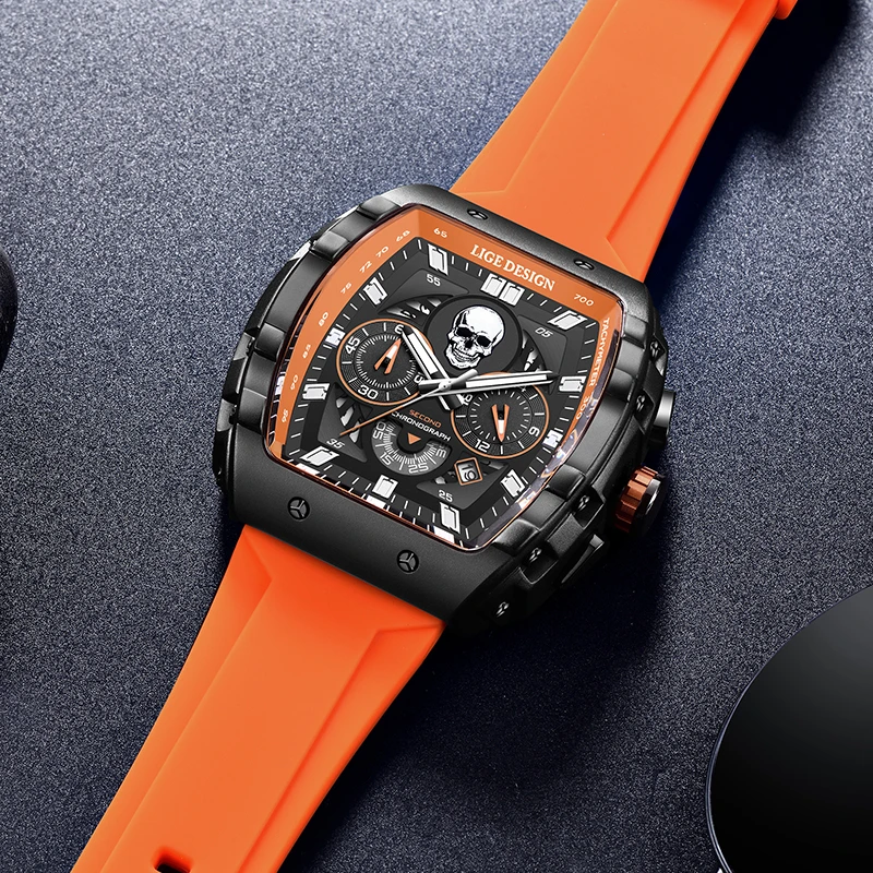 LIGE Fashion Silicone Men\'s Watches Skeleton Skull Big Dial Military Watch Men Chronograph Quartz Wrist Watch for Men Date Clock