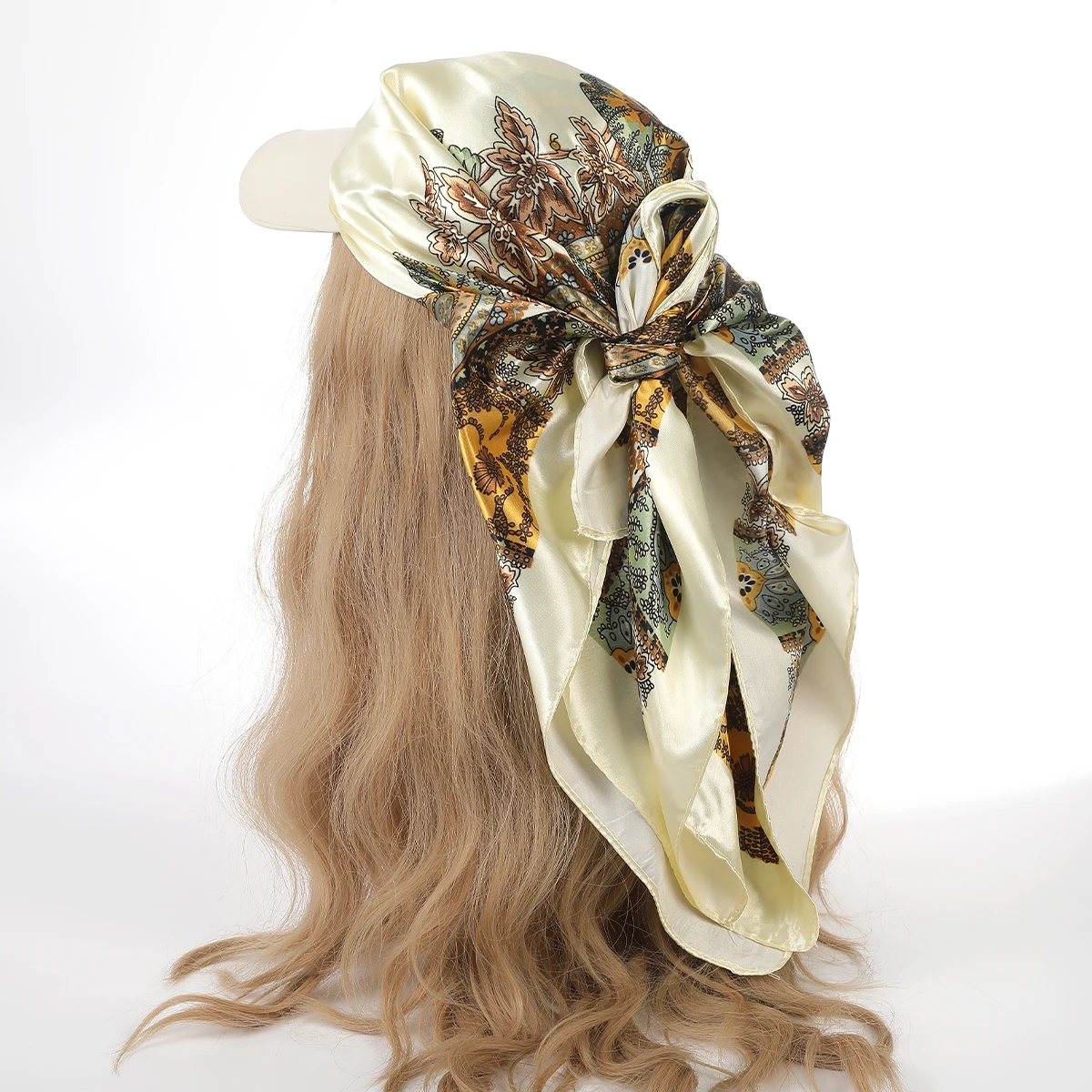 AWAYTR Floral Print Seide Quadrat Schal Hut Frauen Weiche Satin Kopftuch Haarband Halstuch Kopf Hijab Dame Stirnband Kopfbedeckung – Detail 2