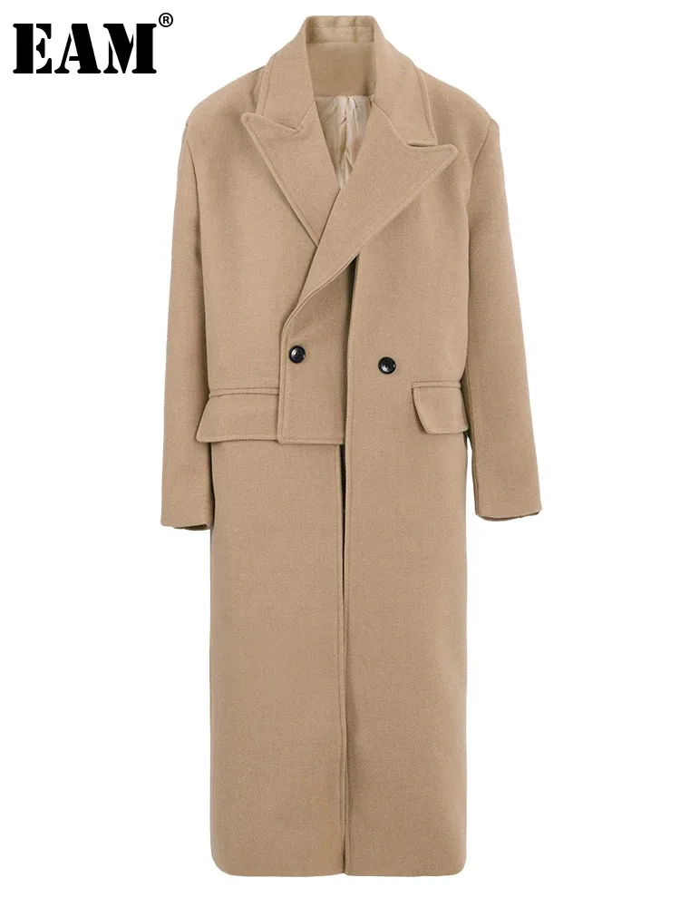 

[EAM] Brown Irregular Big Size Elegant Woolen Coat New Lapel Long Sleeve Women Jacket Fashion Tide Autumn Winter 2024 CPG1018