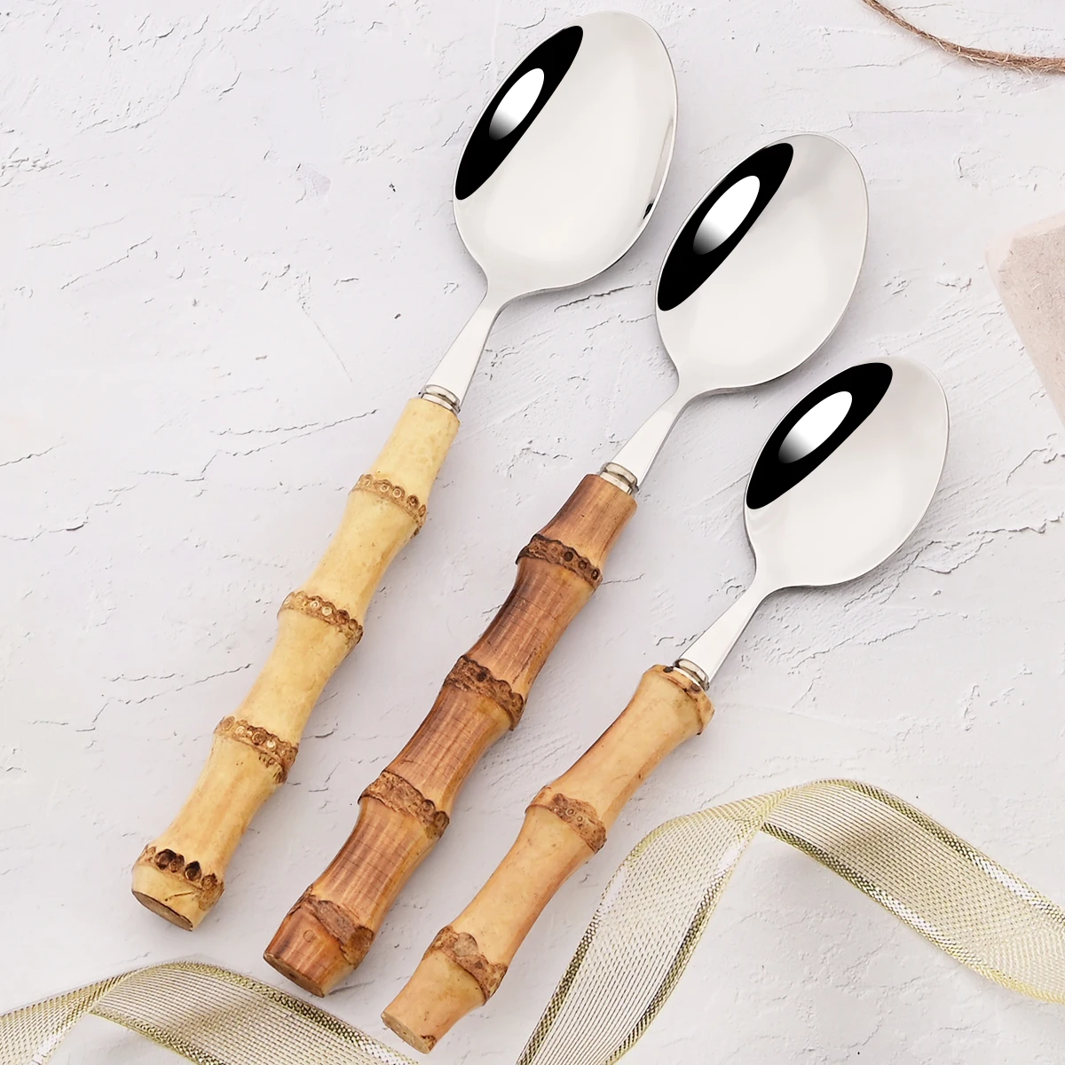 1Pc Wood Bamboo Root Handle Cutlery 304 Stainless Steel Dinnerware Serving Fork Spoon Salad Fork Spoon Coffee Tableware