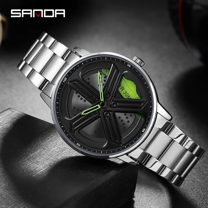 

Hot Sell Men Watch Stainless Waterproof Premium Quartz Movement 360 Degree Rotating Car Rim Hub Wheel Dial Casual Wristwatch