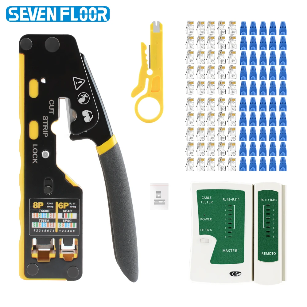 Cat6 RJ45 RJ12 크림핑 툴 키트 8P6P 패스 스루 크림퍼 네트워크 케이블 테스터 와이어 스트리퍼 Cat6 50개 커넥터 및 부츠