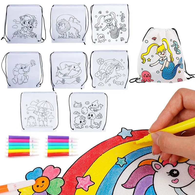 Kids Graffiti Backpack Drawing Toys Cartoon Animal Mermaid Dinosaur DIY Coloring Storage Bundle Pocket Boys Girls Painting Craft