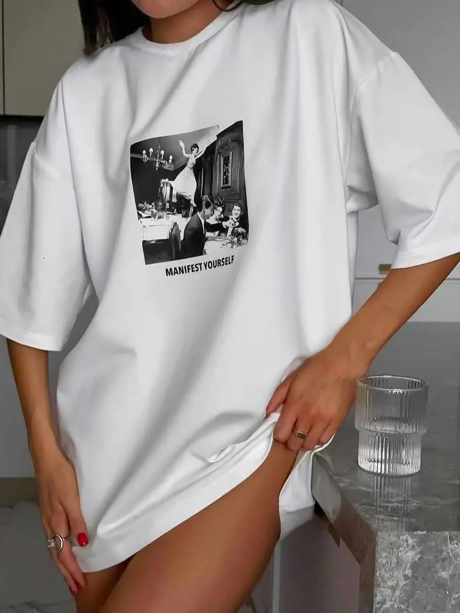 Sumuyoo Women's Printed T-shirt 100% Cotton Fashion White Vintage Short-sleeve Printing T Shirts Fashion Hip Hop Loose Tees 4