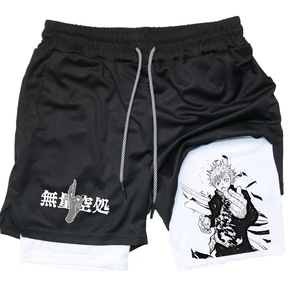 Anime 2 In 1 Compression Shorts Gojo Satoru Print Performance Sportswear Men Training Workout Male Fitness Sport Shorts 5
