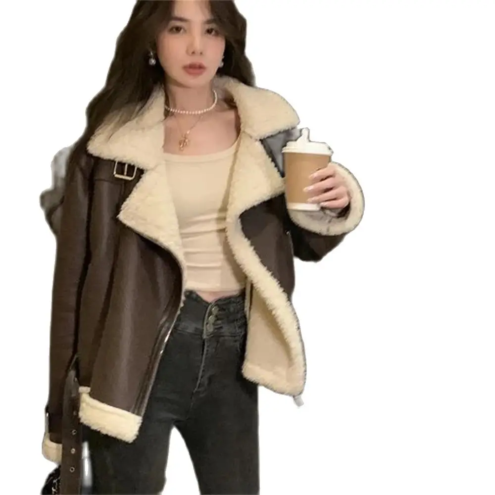 

Woman's Fashion Thick Warm Faux Shearling Jacket Coat Vintage Long Sleeve Belt Hem Female Outerwear Chic Tops