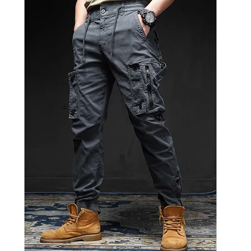 Fashion Cotton Multiple Pockets Zipper Men's Cargo Pants Classic Waist