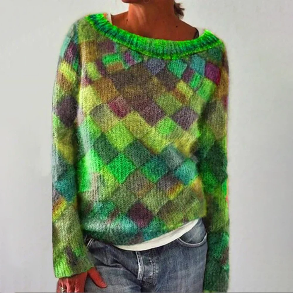 

New Female O Neck Retro Color Plaid Print Tops Casual Long Sleeve Warm Jumper Fashion Autumn Winter Soft Pullover Sweatshirt