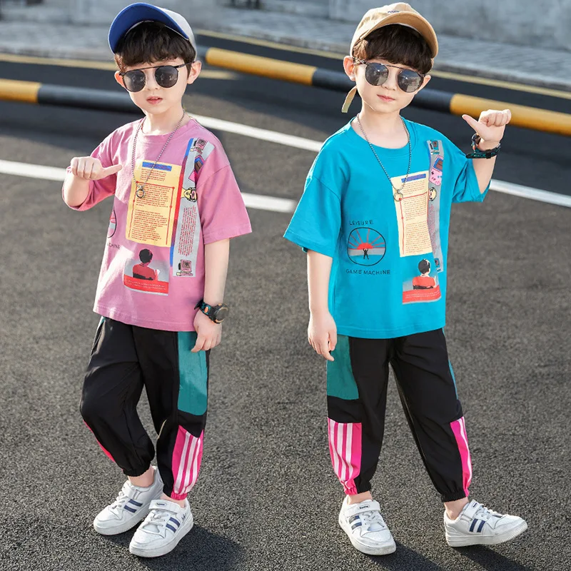

Summer Cotton Contrast Kids Top Tees Sets Boys T-Shirt + Jogger Pants Set Children 2 Pieces Clothing 3-14 Years