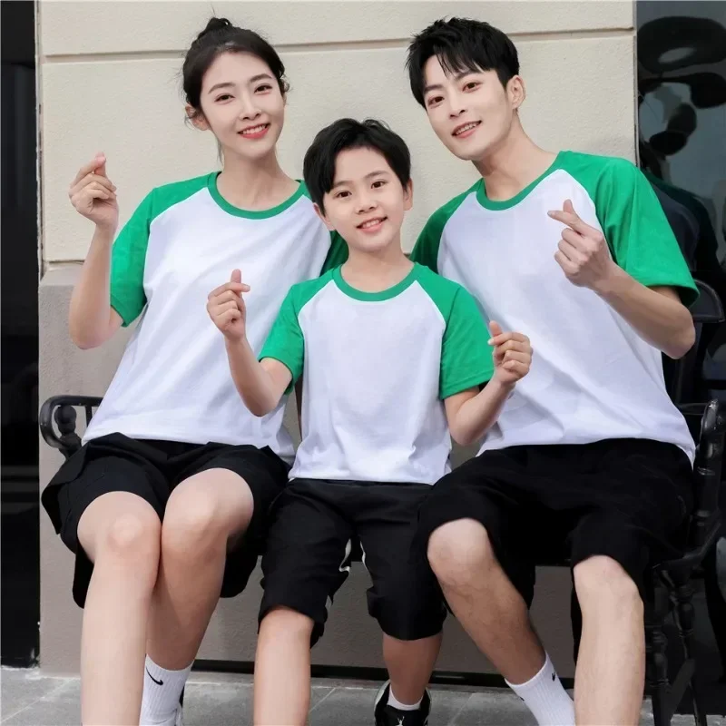 Summer Dad Mom & Kid Raglan Sleeve Patchwork T-Shirt Family Matching Outfits Loose Short Sleeve Cotton Top DIY Custom LOGO Image 3