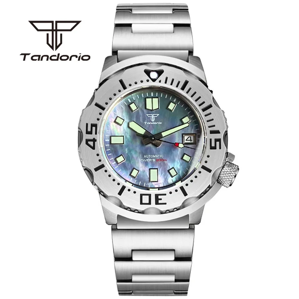 Tandorio NH35A Mother of Pearl Dial Monster 20BAR 42mm Dive Automatic Men Watch AR Sapphire Glass 3.8 Screw Crown Date Luminous