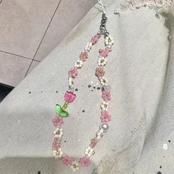 Korean Cute Pink & Green Flower Beaded Phone Charm Strap - Sweet Anti - Lost Hanging Lanyard (1)