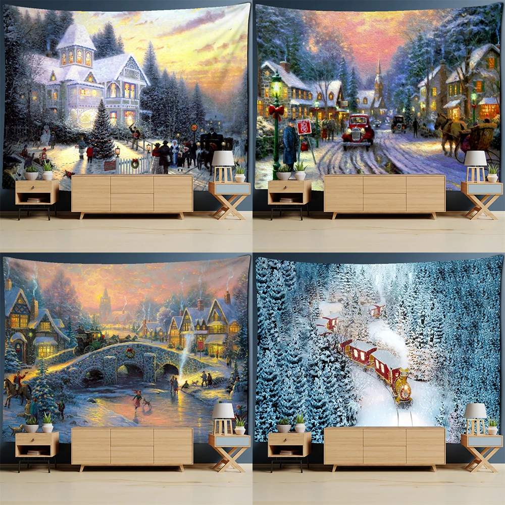 

Christmas snow scene print pattern tapestry home room wall decoration background cloth polyester