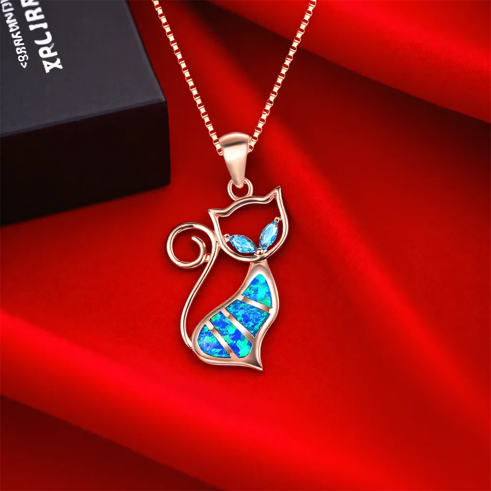 Cute Aqua Blue Small Cat Pendant Blue Opal Stone Necklaces For Women Vintage Rose Gold Color Box Chains Necklace Wedding Jewelry