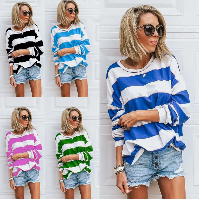 

Female 2023 T Shirts Long Sleeve O Neck Stripes Loose Tops Causal Fashion Women Streetwear Clothing