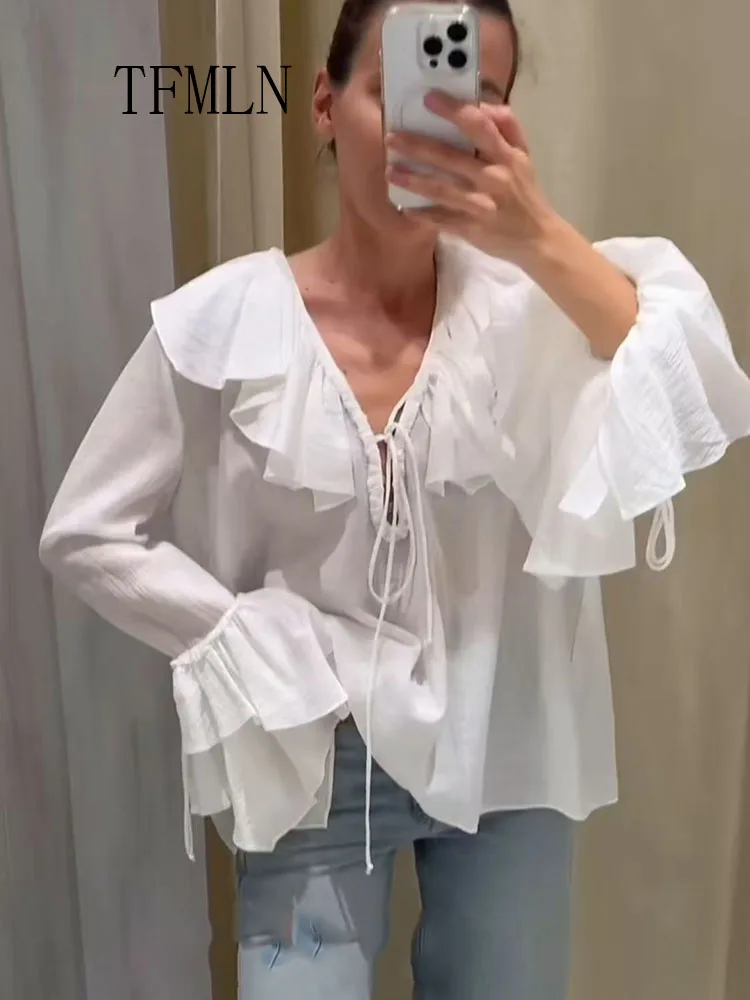 TFMLN 2025 Summer Women Tierred Ruffles Blouses Fashion Chic Causal V-neck Flare Sleeve Pullover Tops Sweet High Street Thin Top