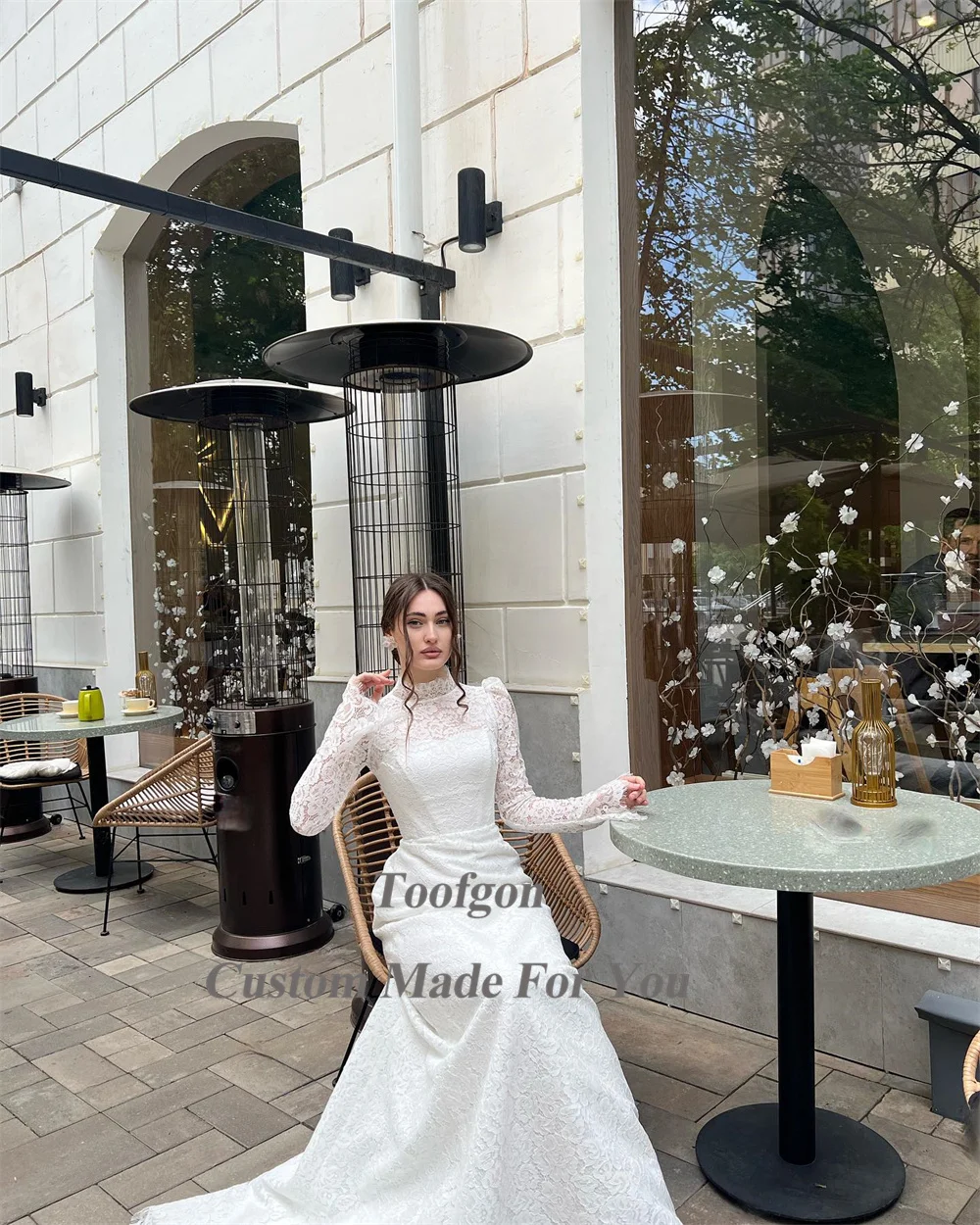 Toofgon Delicate Lace Formal Wedding Dresses Long Sleeves High Neck Buttons Bridal Gowns Bride Wedding Party Gowns Customized