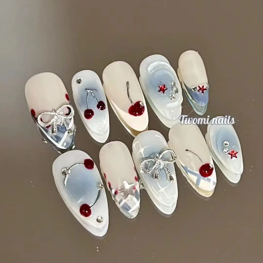French Almond Press on Nails Flower False Nails Wearable Stick-on Fake Nail U&ntilde;as Postizas Mujer Накладные Ногти 네일팁 10pcs
