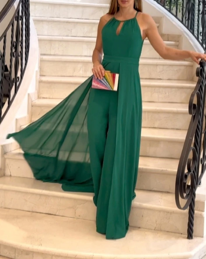 Y2K Green Jumpsuit Women 2024 Spring Hollow Out Halter Chiffon Decoration Sleeveless Ruched Asymmetrical Wide Leg Jumpsuit