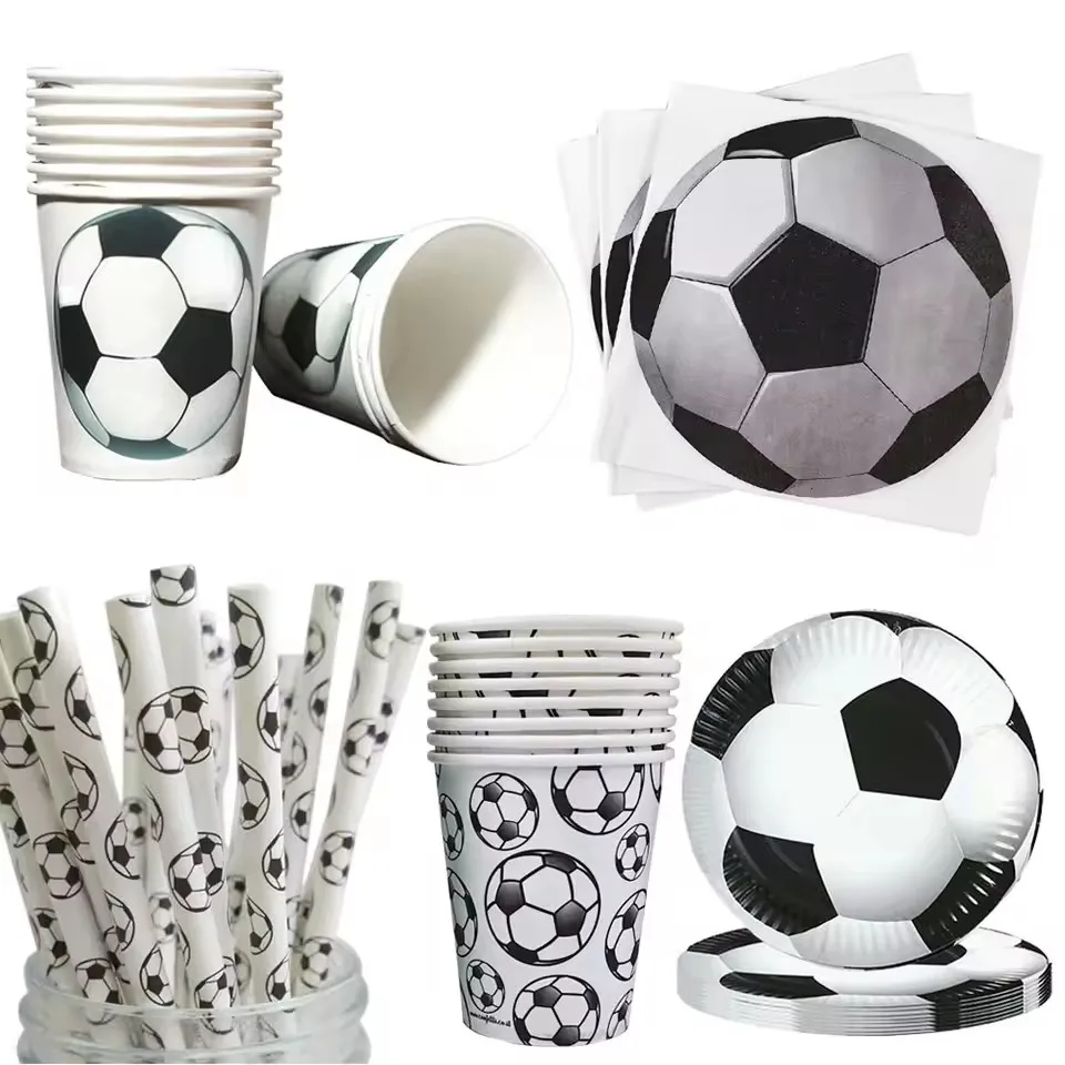 Vajilla desechable con tema de fútbol, plato de papel para fiesta de fútbol, pajitas para servilletas, taza, suministros de decoración para fiesta de cumpleaños con temática de fútbol