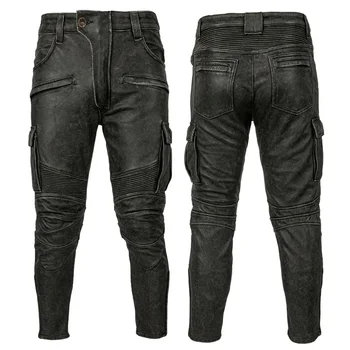 Calça de couro de motocicleta vintage real masculina, calça de equitação motorizada, calça solta de motociclista, outono, inverno, nova, 2023