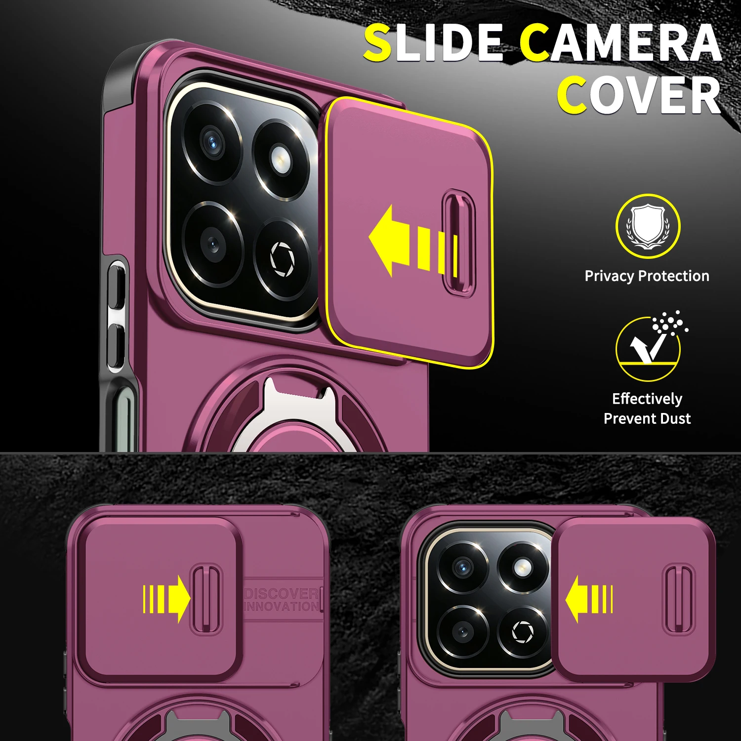 Magnetic Metal Ring Stand Armor Case with Slide Window Lens Protection