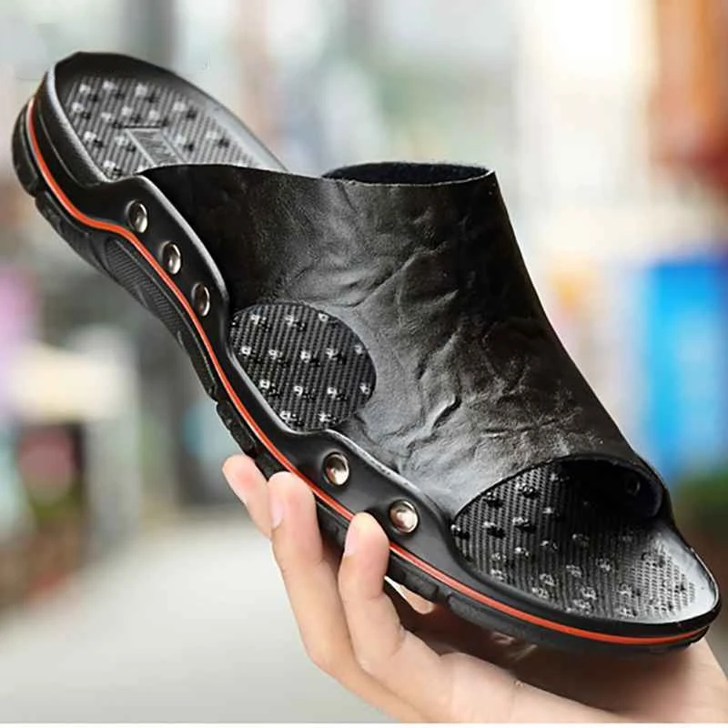 

Outdoor Genuine Leather Slippers Men Slip on Casual Shoes Summer Breathable Mens Slides Comfortable Beach Sandal Big Size48black