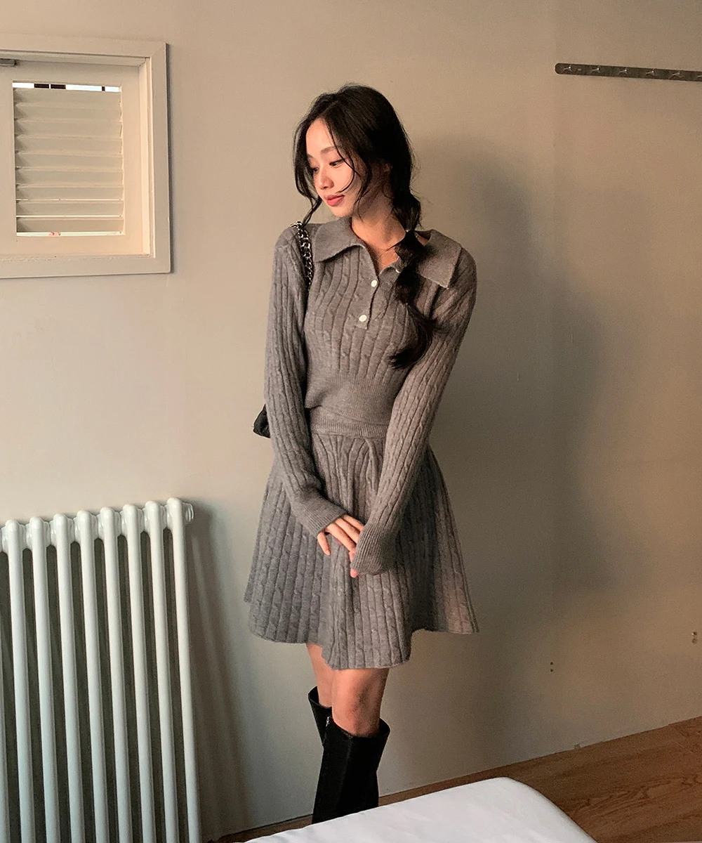 Korean Fashion Two-piece Set Women Pullover Turn-down Collar Crop Top Mini Skirt Solid Casual Suit Autumn New Knitwear Outfits