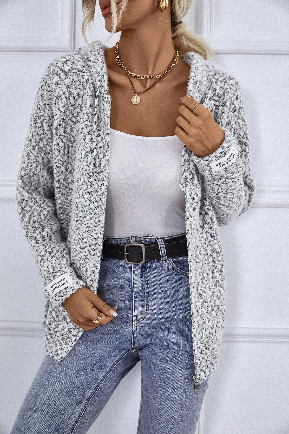 

Autumn/WinterWomen's Clothing New V-Neck Hooded Contrasting Colors Loose Fit Coat Thick Draw String Zipper Casual Sweater