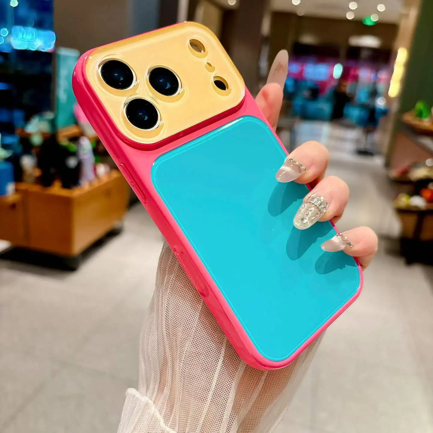 Dopamine Color Block Yellow-Green Lens Glass Back Shockproof Phone Case