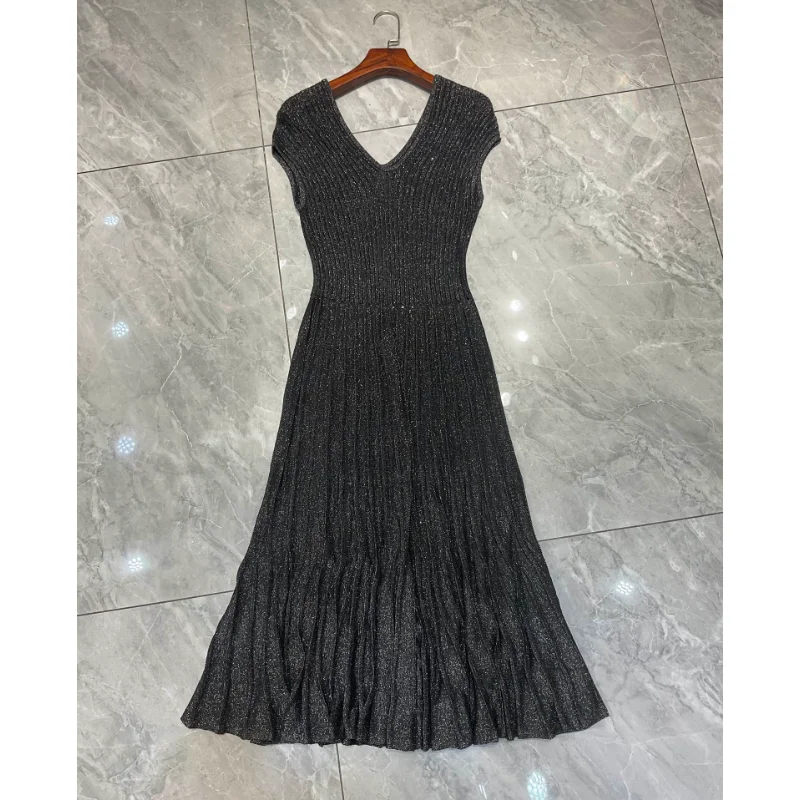 

2023 Summer Hard Knit Striped Pleated Dress Female Temperament Elegant Formal Long Dress Office Ladies Slim Women Clothing Solid