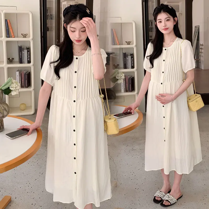 Saashi Loose Pleated Linen Maternity Dress for Pregnant Women, Short Sleeve Plus Size Outfit main image 1