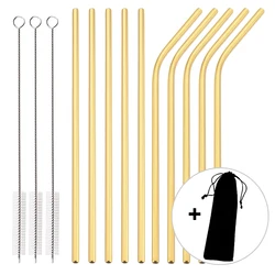 Elegant Rose Gold Reusable Stainless Steel Straw Set with Cleaning Brush - 14 Piece Home and Bar Collection (Gold)