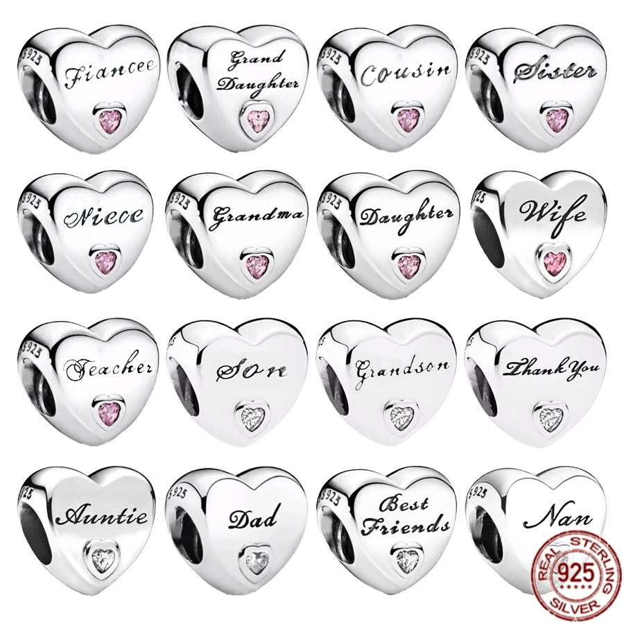 

Grandpa Auntie Dad Wife Best Friend Heart Shape Charm Beads 925 Sterling Silver DIY Jewelry Gift Fit Original Pandora Bracelet