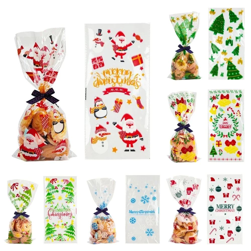 Christmas Gift Bags 50pcs Christmas Transparent Plastic Gift Bag Candy Biscuit Cookie Snacks Baking Bag New Year Merry Christmas Party Decoration