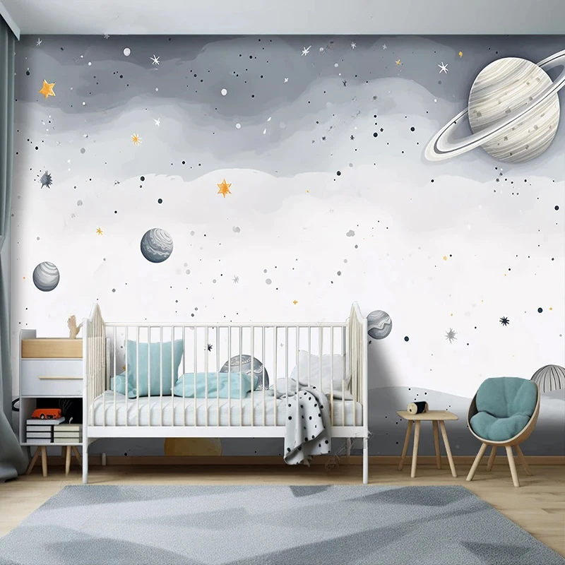 Papel de Parede de Desenhos Animados 3d Personalizado Céu Estrelado Fundo Interior Pintura de Parede Quarto de Crianças Jardim de Infância Pintura Cósmica