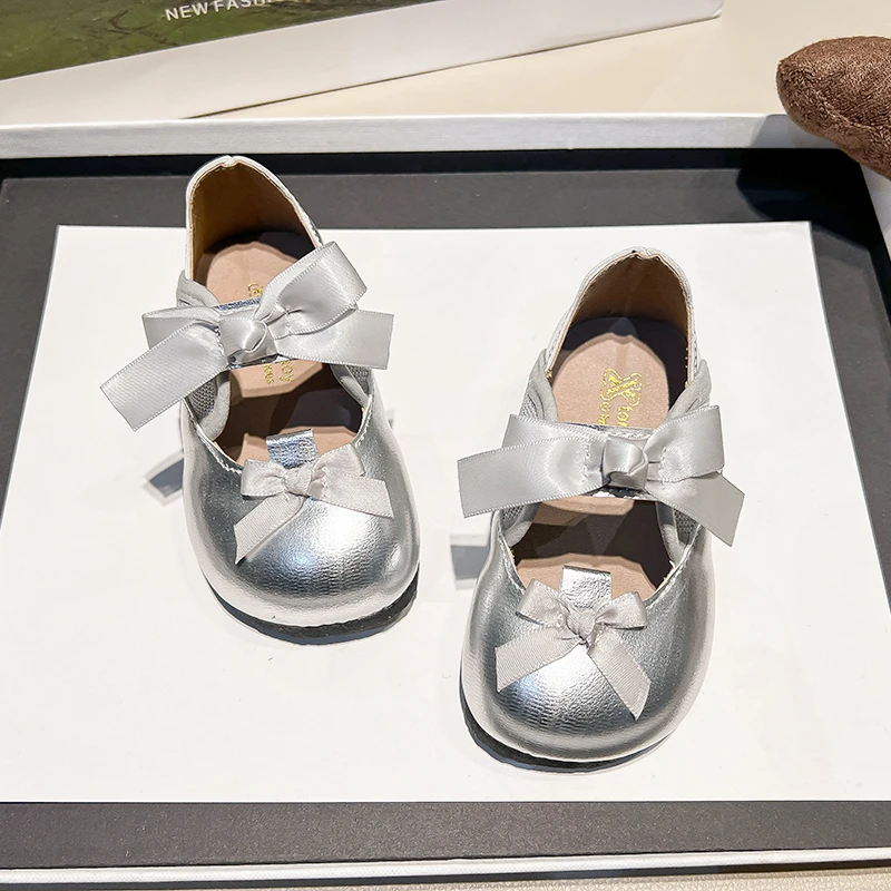 Leather Ballet Flats for Girls with Soft Sole and Cute Bow