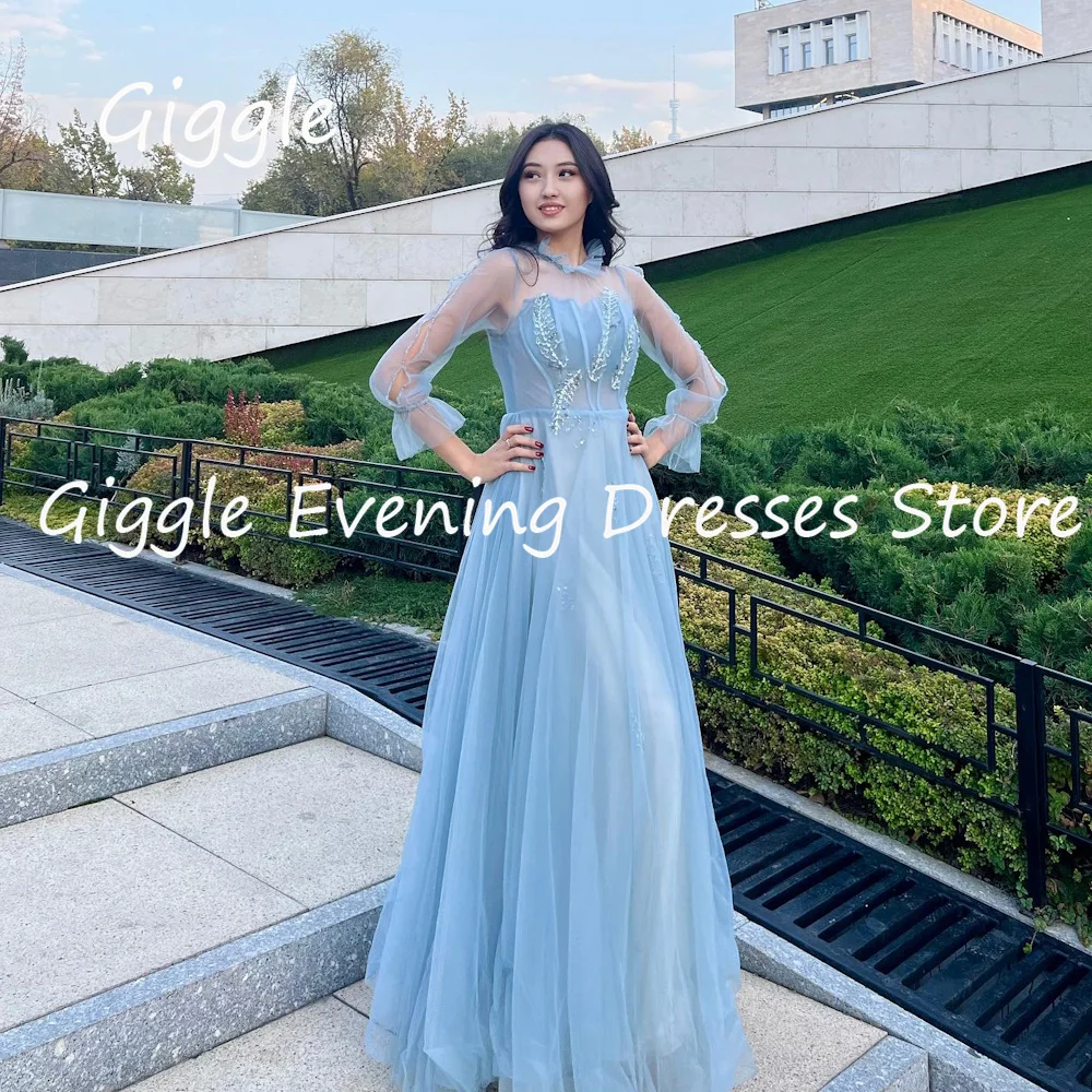 

Giggle Tulle A-line O-neck Appliques Ruffle Formal Elegant Prom Gown Floor Length luxury Evening Party Dresses for Women 2023