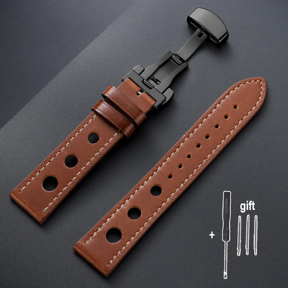 Vintage Brown and Black Oil Wax Cowhide Leather Watch Straps with Butterfly Buckle and Breathable Design