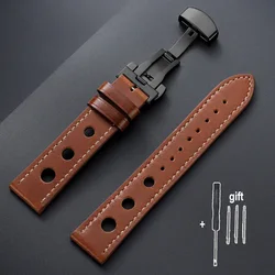Vintage Brown and Black Oil Wax Cowhide Leather Watch Straps with Butterfly Buckle and Breathable Design - 20mm (Light Brown - Black)