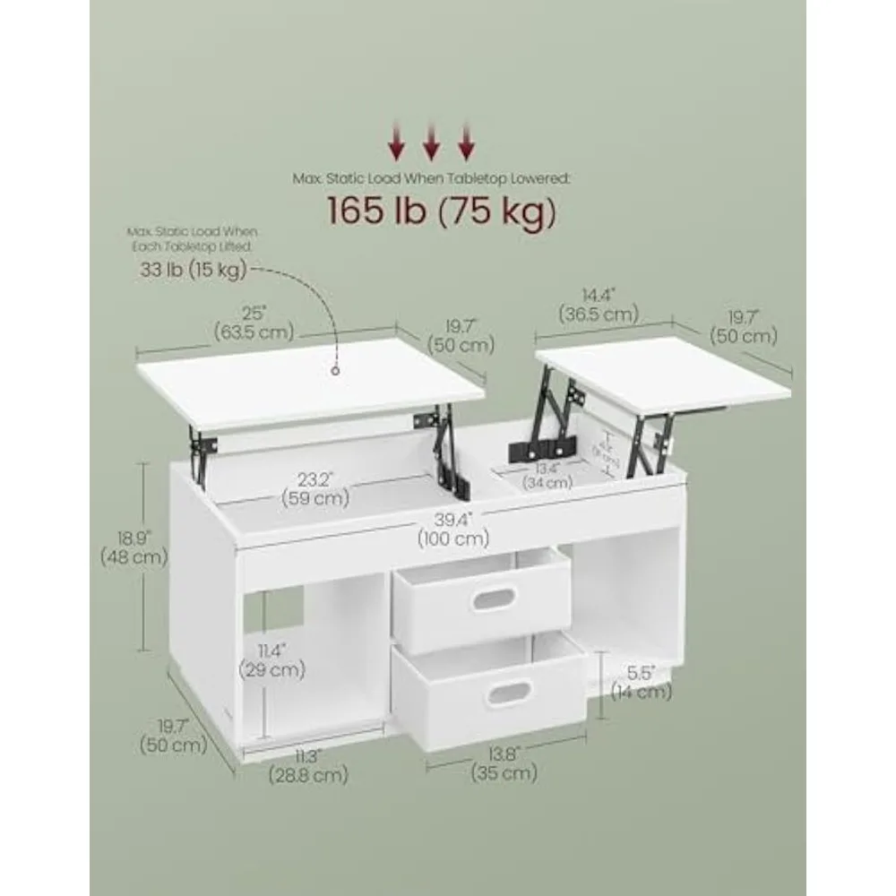 Lift Top Coffee Table with Drawers and Hidden Storage, Center Table for Tabletop Use