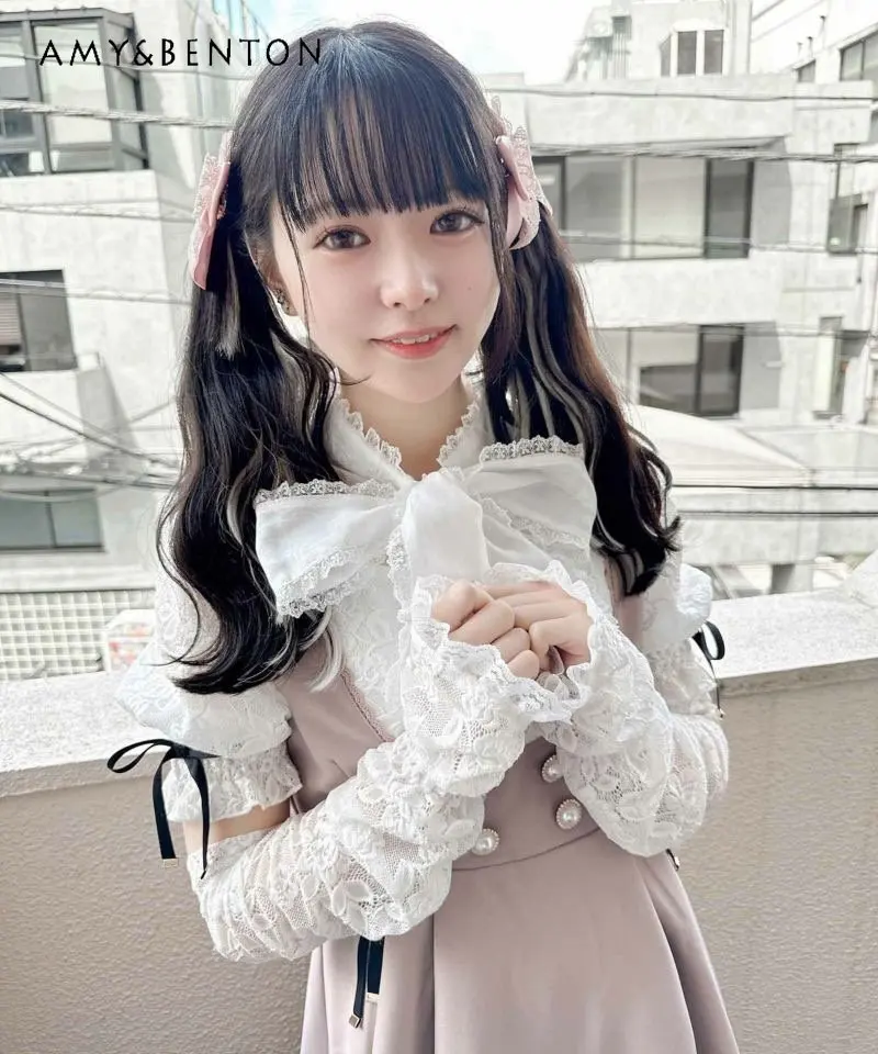 Detachable Puff Sleeve Lace Shirt Women's Japanese Rojita Mine Series Popular Bow Sweet Blouses Female Lolita Top