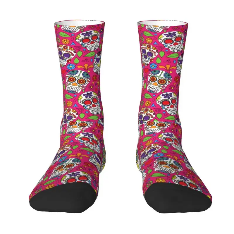

Colorful Sugar Skull Flower Pink Pattern Socks for Women Men Stretch Summer Autumn Winter Day of the Dead Catholic Crew Socks