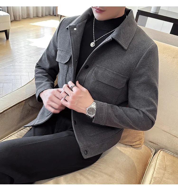 Description Picture 4 of itemAutumn/Winter Men Slim Fit Wool Classic Solid Color Jacket High Quality Business Casual Woolen Jackets Fleece British Style Coat