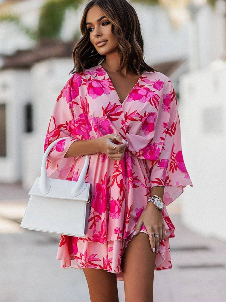 

Summer Women's Sexy V Neck Bat Sleeve Mini Dress Boho Floral Print High Waist Elegant Women Ruffle Office Party Dresses Robe