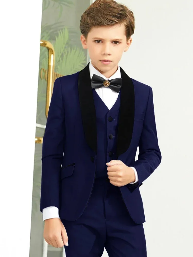 Blue Flower Boys Suits Dress Set Children Wedding Party Birthday Gift Elegant Gentleman Tuxedo Shawl Lapel Jacket+Vest+Pants