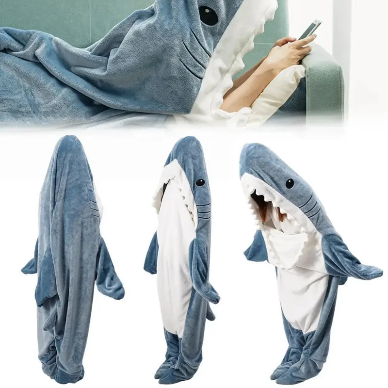 Cartoon Shark Pajamas Sleeping Bag Unisex Wearable Shark Blanket Hoodie Animal Blue Costume Pajamas Adult Kids Teenager